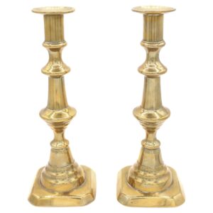 WMI-3712z: Circa 1860 Pair of English Brass Push-Rod Candlesticks