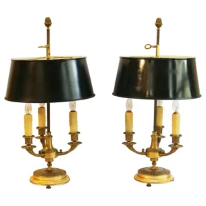 WL-1571z: Circa 1920 Pair of French Bronze and Marble Bouillotte Lamps