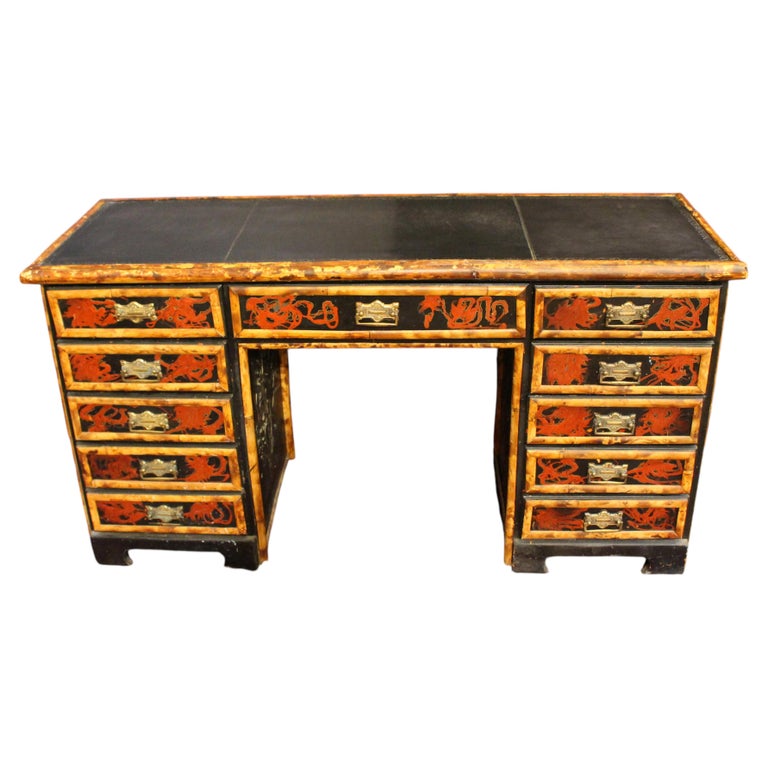 WD-283: English c. 1880s Bamboo and Faux Lacquer Double Pedestal Desk