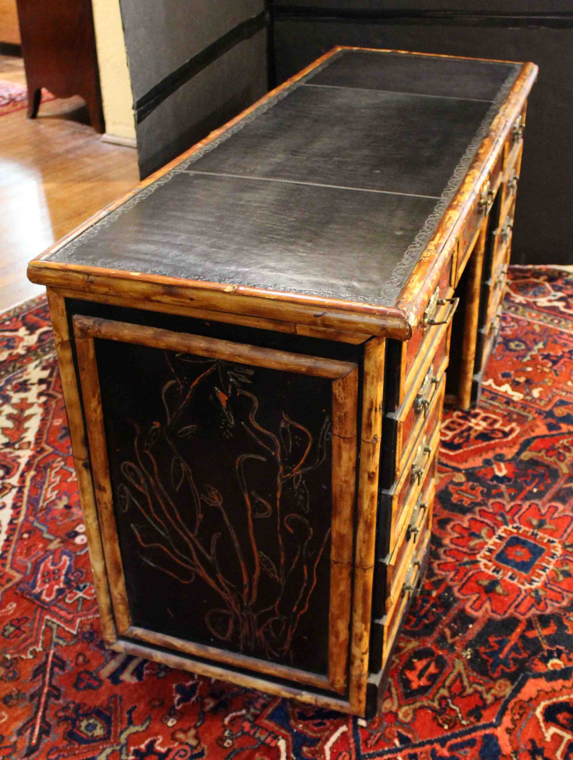 WD-283: English c. 1880s Bamboo and Faux Lacquer Double Pedestal Desk - Image 2