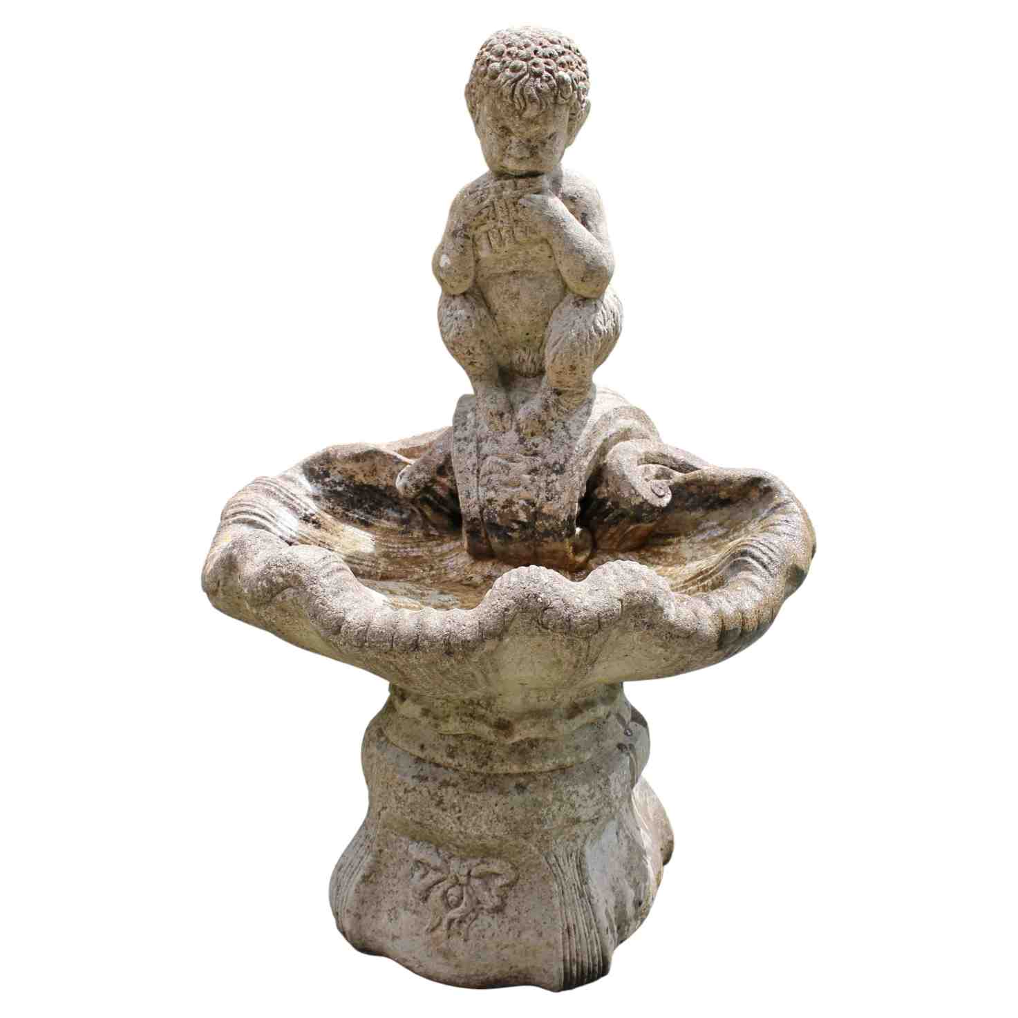 WGD-572: Mid-20th Century English Cast Stone Bird Bath Featuring Pan Playing Pipes