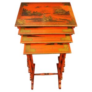 WOT-2693: Circa 1900 English Edwardian Set of 4 Red Lacquer Nesting Tables