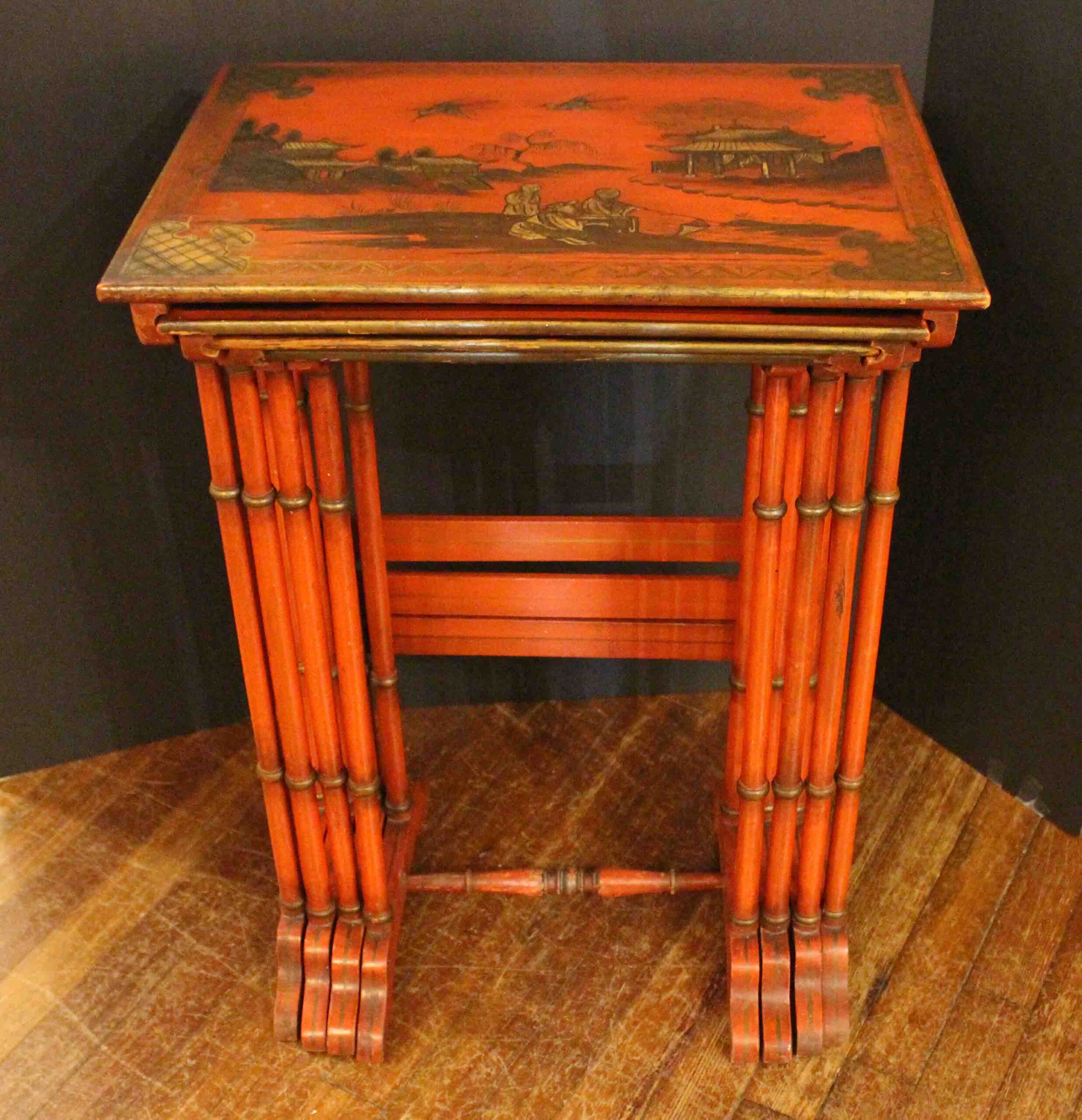 WOT-2693: Circa 1900 English Edwardian Set of 4 Red Lacquer Nesting Tables - Image 2