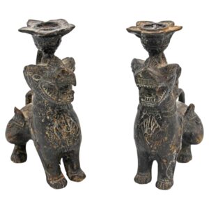WBR-282z: Late 19th Century Pair of Bronze Burmese Chinthe Temple Guardian Lions