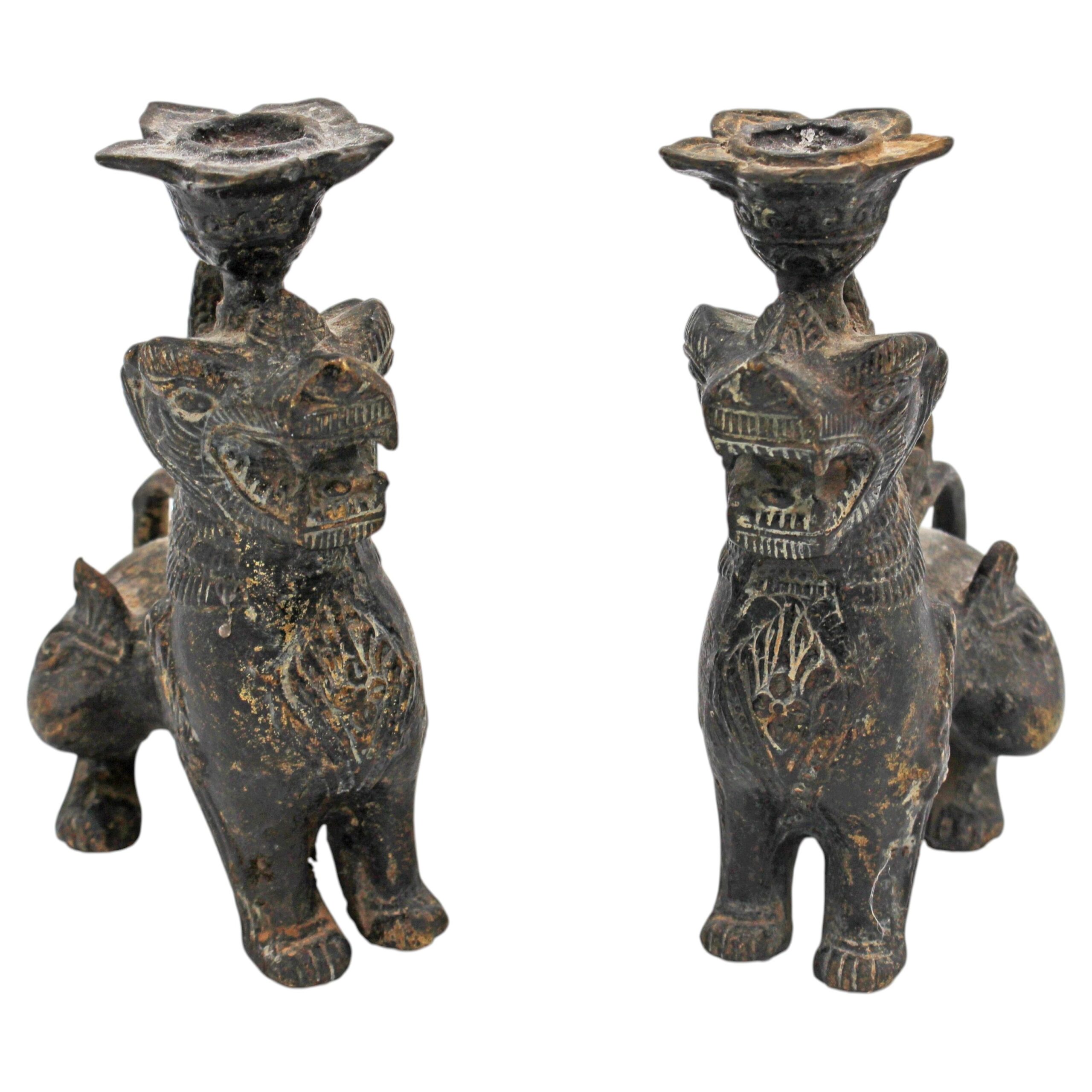 WBR-282z: Late 19th Century Pair of Bronze Burmese Chinthe Temple Guardian Lions
