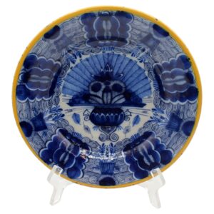 WCI-9279: Circa 1780 Dutch Delft Peacock Feather Spray Plate in Urn Blue & White