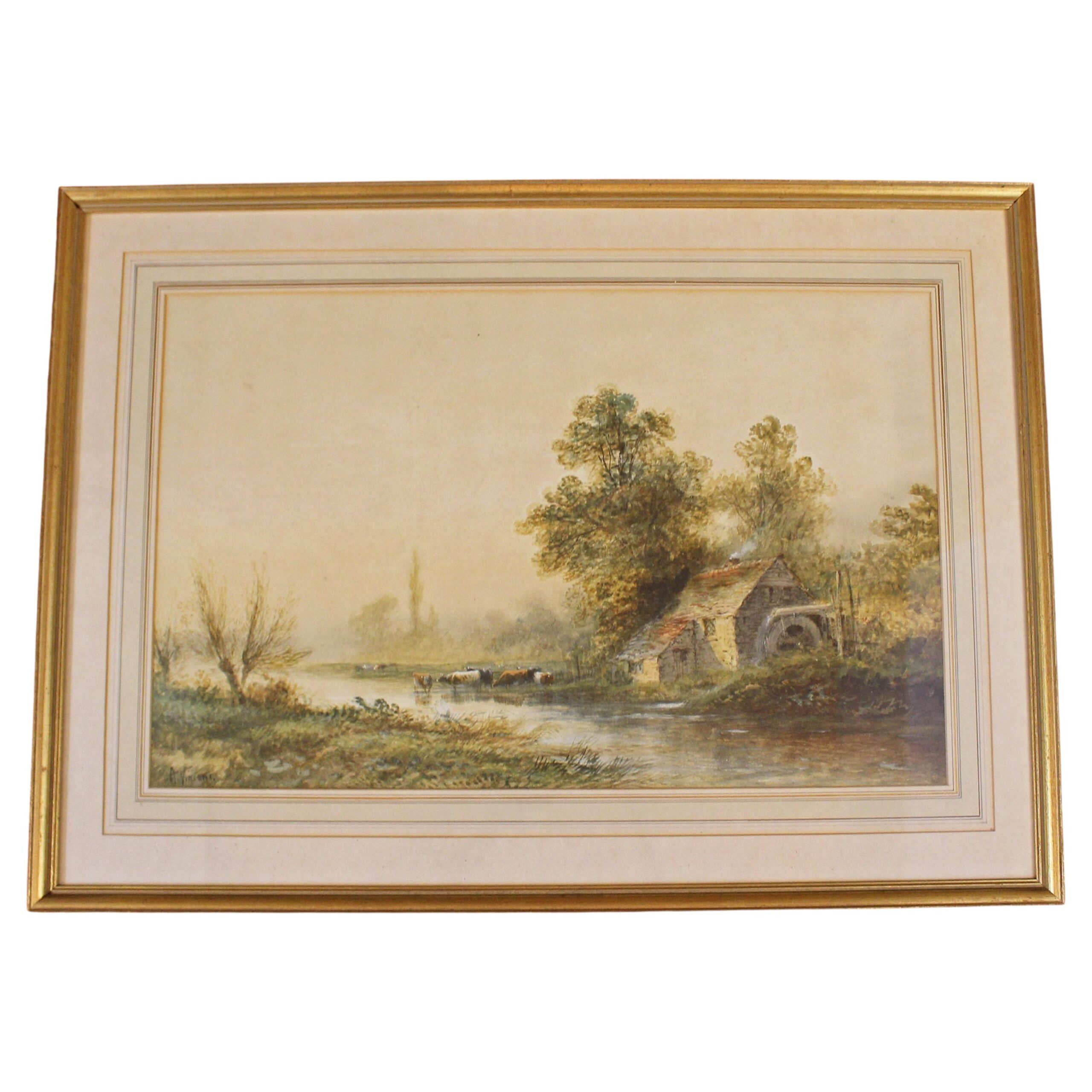 WP-2658: Late 19th Century English Watercolor Scene of Cows and a River by A. Vincent