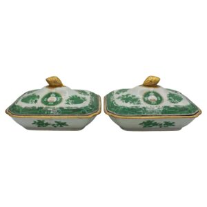 WCI-9162za: Circa 1800-1830 Chinese Export Pair of Green Fitzhugh Covered Vegetable Dishes