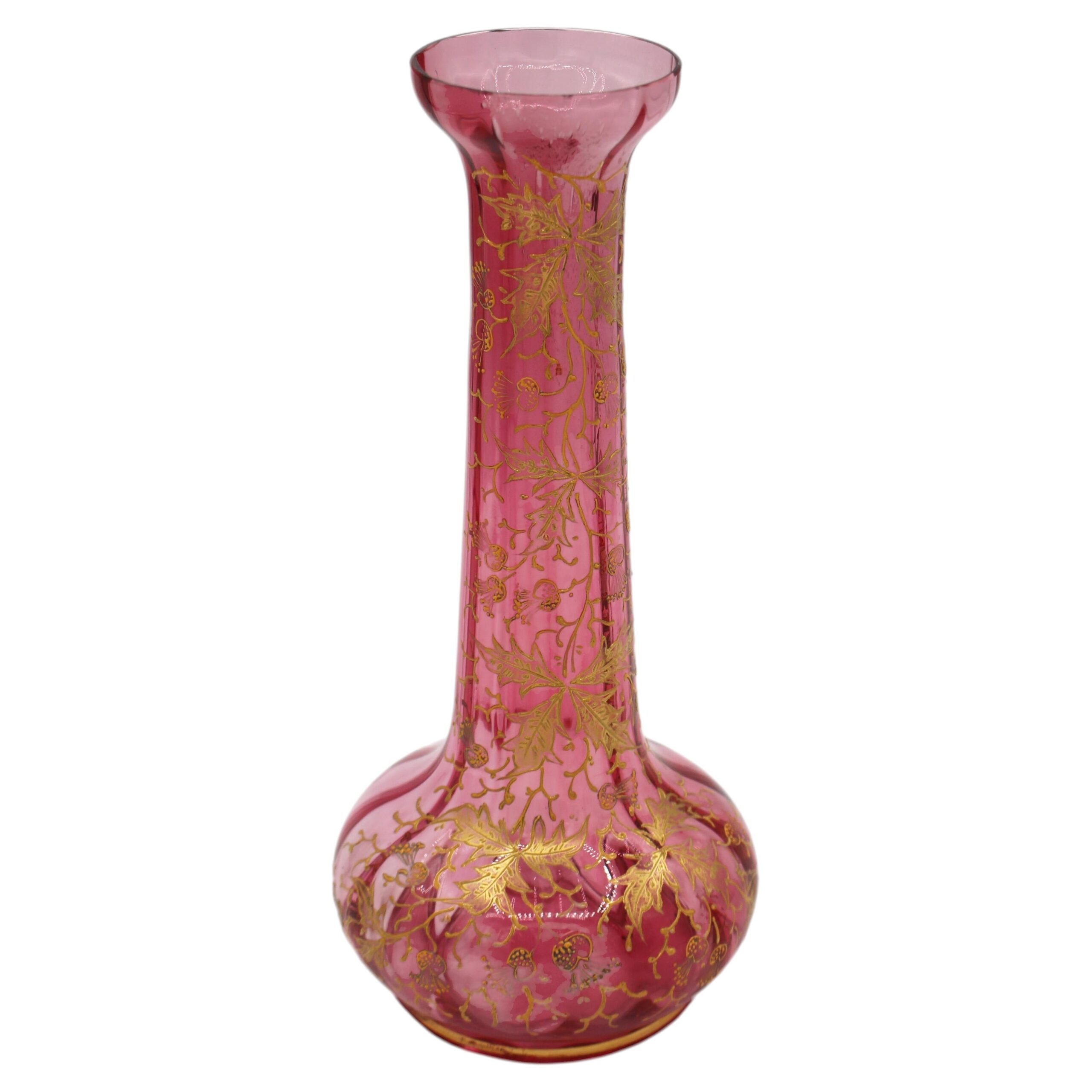 WG-2989z: Circa 1890 Bohemian Moser Gilt Decorated Cranberry Vase