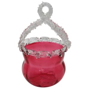 WG-2991z: Circa 1880 English Cranberry Glass Bride's Basket With Clear Handle