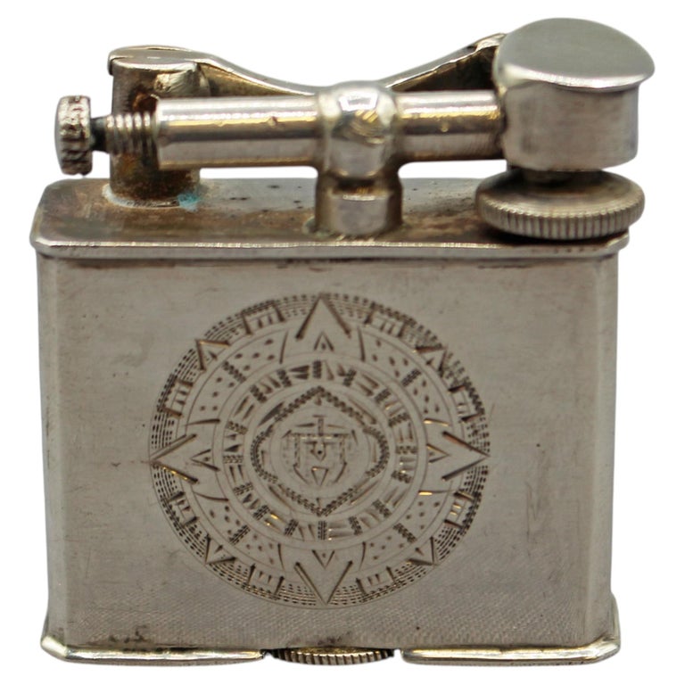 WSI-10480z: C. 1940s-50s Sterling Silver Lighter Engraved with an Aztec Calendar