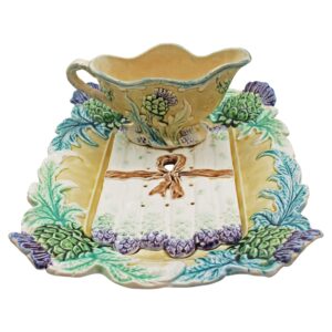 WCI-9148z: Circa 1900 French Majolica Asparagus Serving Tray with Drainer & Sauce Boat