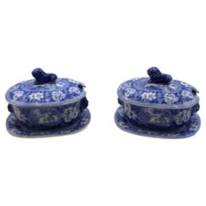 WCI-9313z: Circa 1810-1828 Pair of Staffordshire Blue and White Sauciers and Undertrays