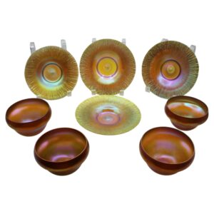 WG-3031z: Circa 1910 American Set of Four Quezel Iridescent Gold Art Glass Finger Bowls and Undertrays