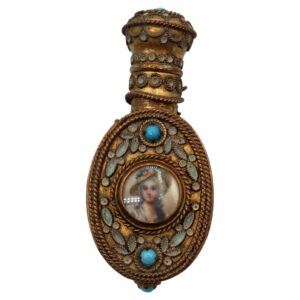 WMI-3857z: Circa 1900 European Gilt Brass Filigree & Enamel Scent Bottle