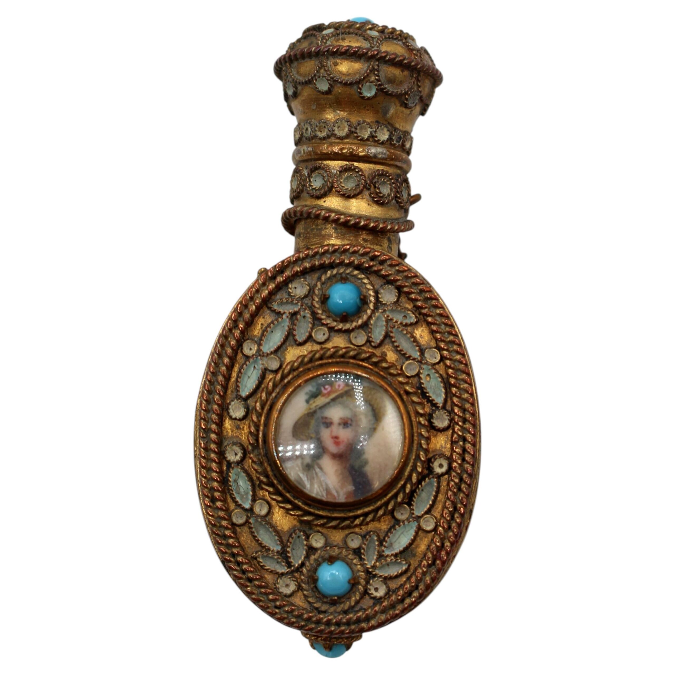WMI-3857z: Circa 1900 European Gilt Brass Filigree & Enamel Scent Bottle