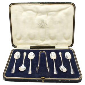 WSI-10304z: 1923 Anglo-Irish Sterling Silver Coffee Spoons & Sugar Cube Tongs Set in Original Case