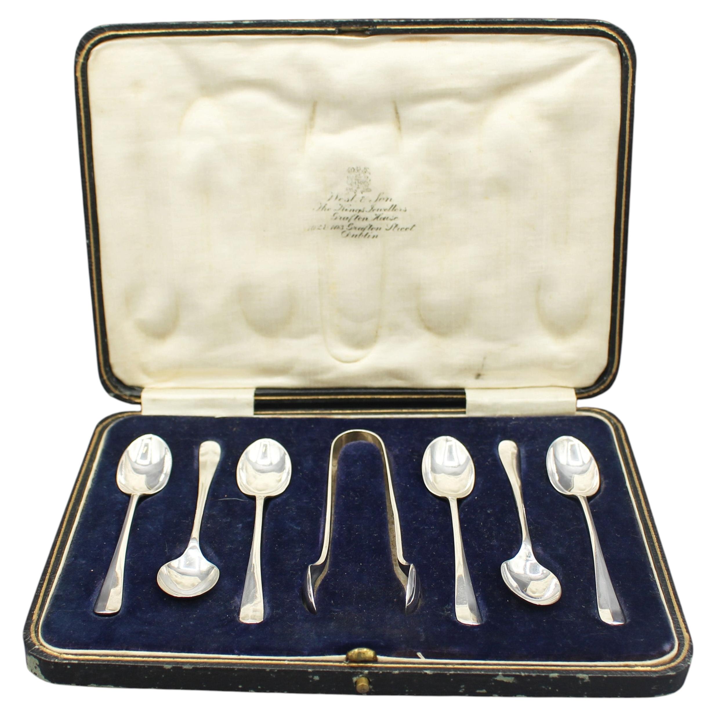 WSI-10304z: 1923 Anglo-Irish Sterling Silver Coffee Spoons & Sugar Cube Tongs Set in Original Case