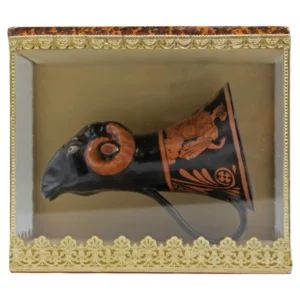 WCI-9178z: C. 1880's Greco-Roman Ram's Head Shaped Pottery Rhyton in Box