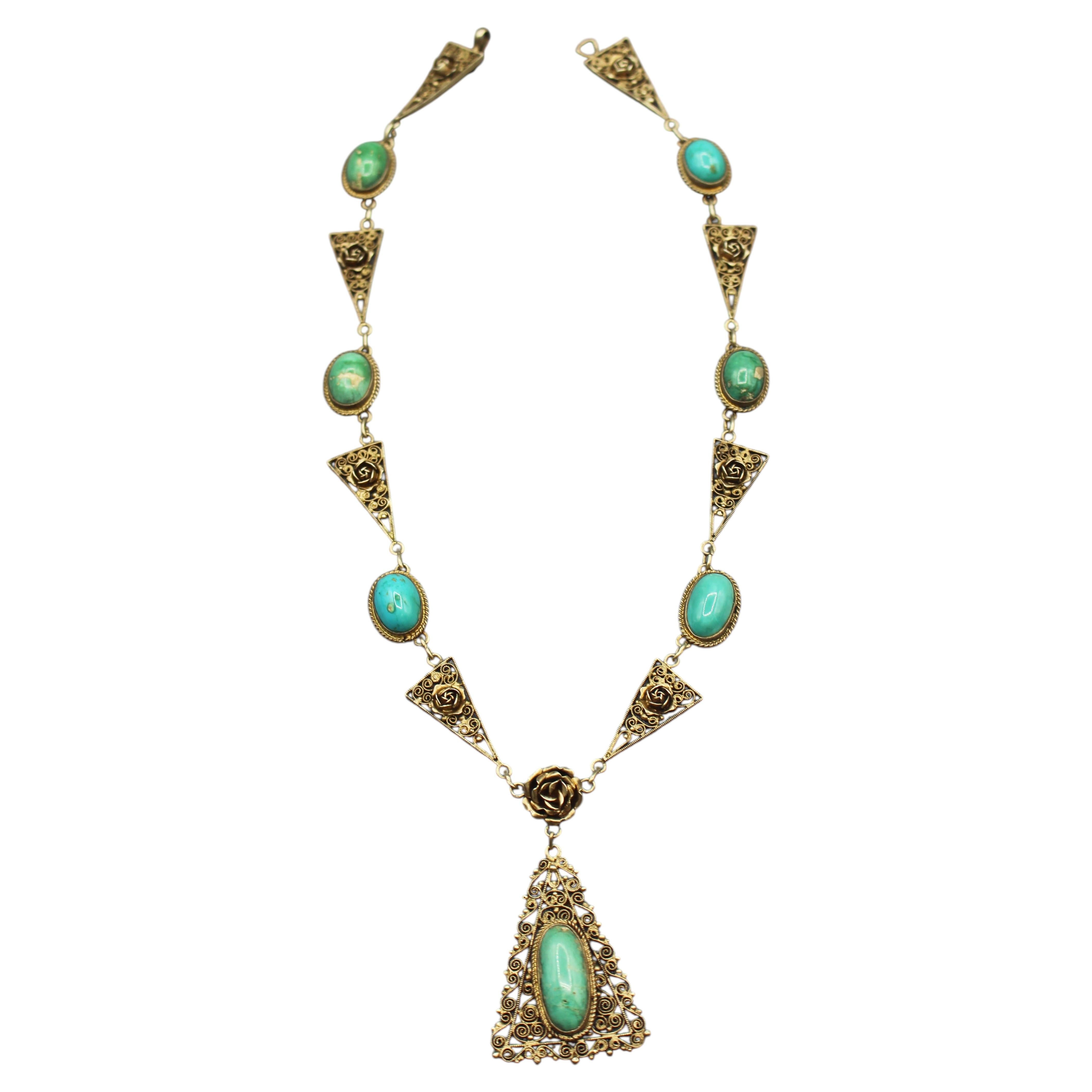 WJ-1282z: Circa 1950s-70s Israeli Sterling & Turquoise Yemenite Necklace