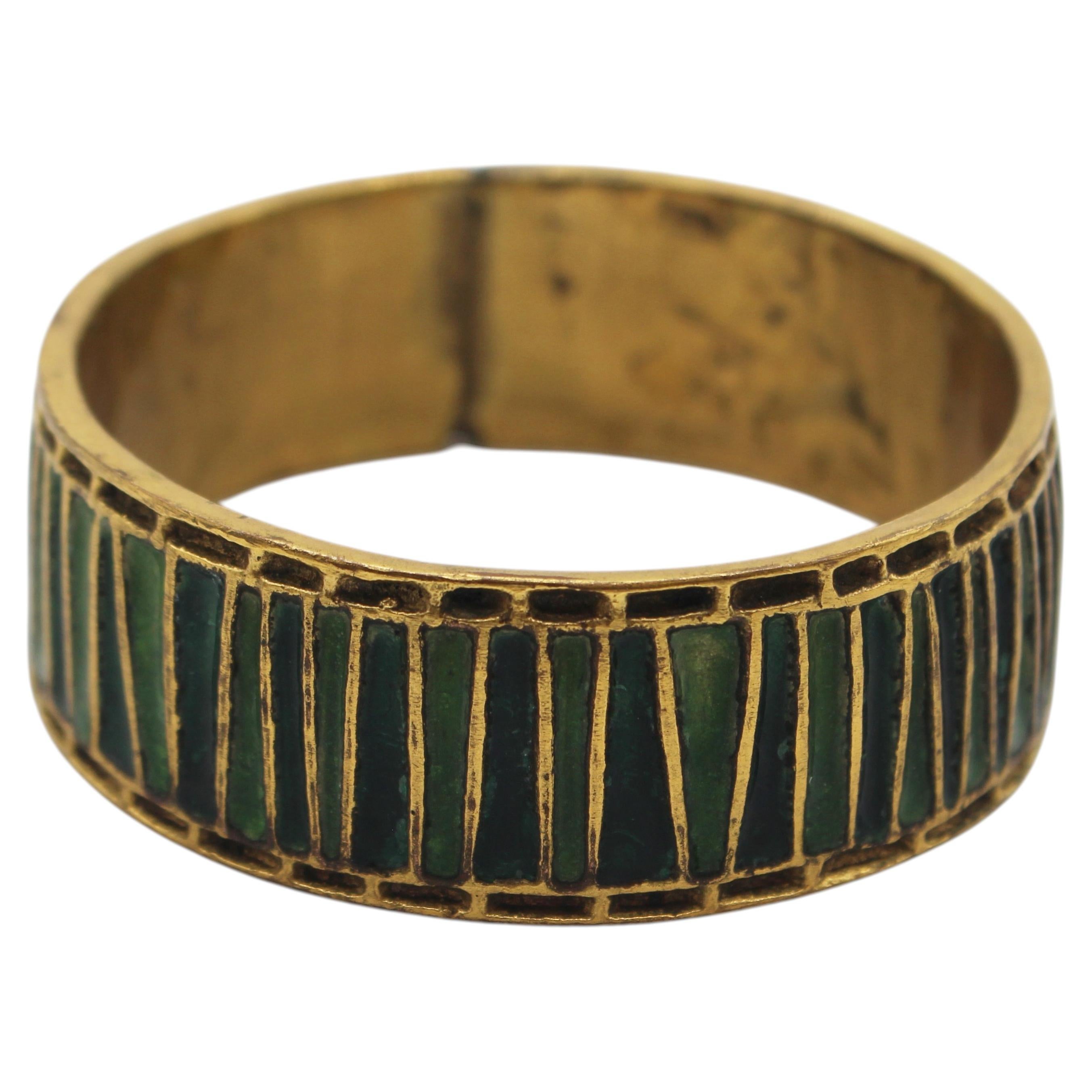 WJ-1292z: Circa 1970 Handmade Mid Century Modern Sterling Silver & 14k Gold With Enamel Bangle