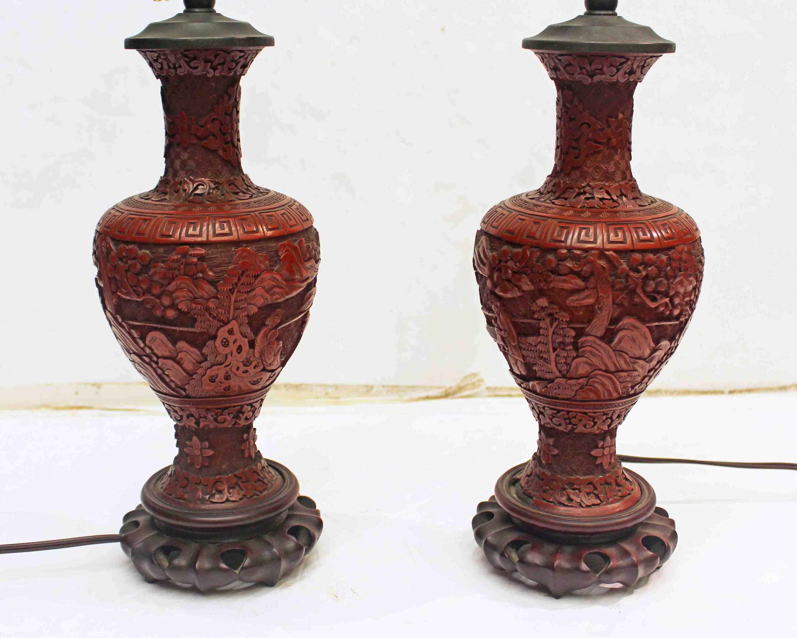 WL-1589z: Likely 18th Century Pair of Chinese Qing Dynasty Cinnabar Vases Mounted as Lamps - Image 2