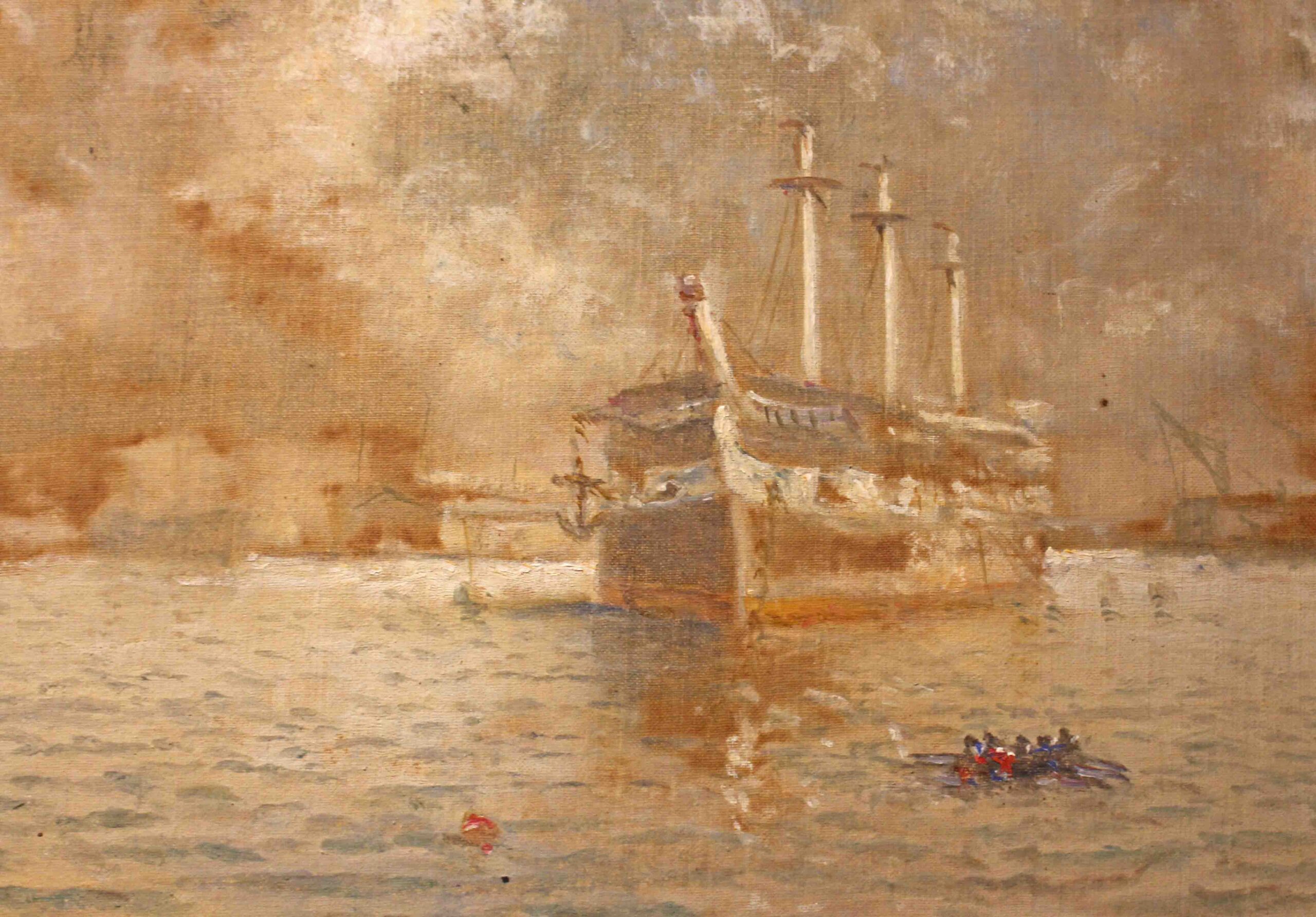 WP-2683z: Late 19th-Early 20th Century Oil Painting "Weighing Anchor" by William Coulter - Image 4