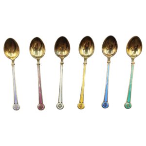 WSI-10507z: Mid-20th Century Norwegian Set of 6 Gilt, Sterling Silver, and Enamel Demitasse Spoons