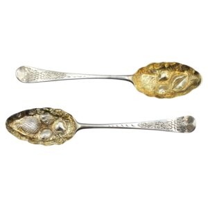 WSI-10526z: Circa 1727-1760 English George II Sterling Silver and Gold Wash Pair of Tablespoons